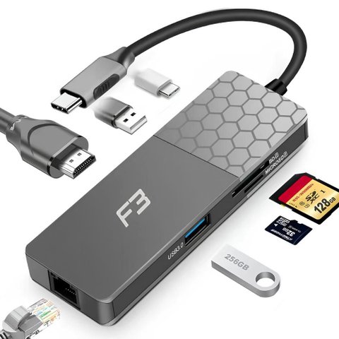Hub Adaptador USB-C para HDMI - 1 Porta USB e USB-C, HDMI, Lan, Micro Sd - F3 Jc-Tyc-760