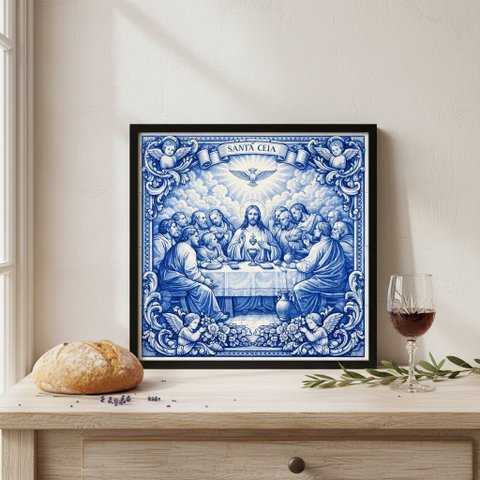 Quadro Estilo Azulejo Santa Ceia 33x33cm Mold Preta