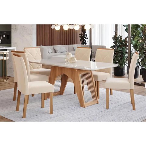 Conjunto: Mesa Sala Jantar Carol Tampo Madeirado C/ Vidro 180x90cm e 6 Cadeiras Fernanda Madeirado/