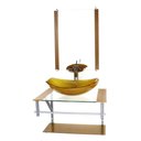 Ver imagem 1 de GABINETE DE VIDRO PARA BANHEIRO 60CM AC CUBA OVAL CHANFRADA DOURADO REAL COM TORNEIRA CASCATA
