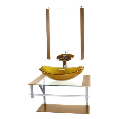 GABINETE DE VIDRO PARA BANHEIRO 60CM AC CUBA OVAL CHANFRADA DOURADO REAL COM TORNEIRA CASCATA