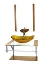 Ver imagem 1 de GABINETE DE VIDRO PARA BANHEIRO 60CM AC CUBA OVAL CHANFRADA DOURADO REAL COM TORNEIRA CASCATA