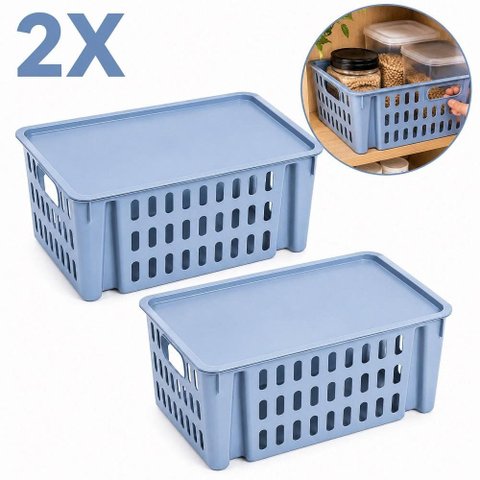 Kit 2 Organizadores 7,4 Litros com Tampa Azul Empilhavel Cesto Infantil Caixa Multiuso Armario Prate
