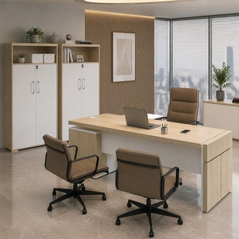 Conjunto Escritório 3 Peças Mesa em L e 2 Armários Altos 202,5cm Artany Marrom