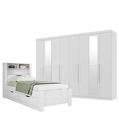 Cama Solteiro com Gavetas Invicta com Guarda Roupa Master 8 Portas 4 Gavetas com Espelho Branco Bril