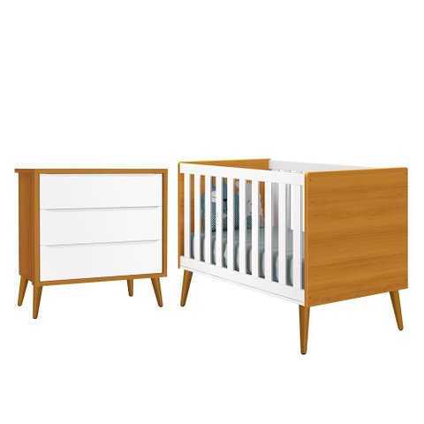 Jogo de Quarto Infantil Theo Retrô Cômoda 3 Gavetas e Berço Branco/Savana com Pés Amadeirado -