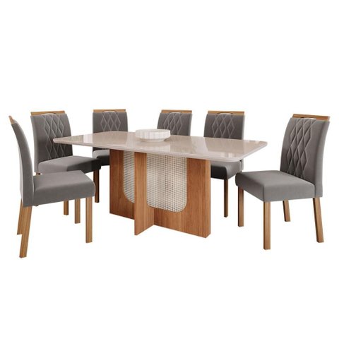 Conjunto de Mesa de Jantar Tampo de Vidro Off White Louise 1,80 com e 6 Cadeiras Juliana Cinamomo/