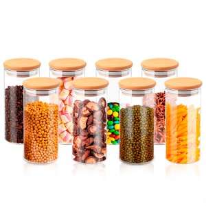 Kit de 8 Potes Herméticos Vidro Tampa Bambu 400ml