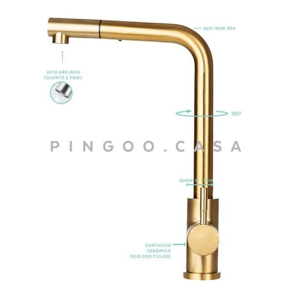 Torneira para cozinha Gourmet Misturador Monocomando Extensível em Aço inox Escovado Gurupi - 3