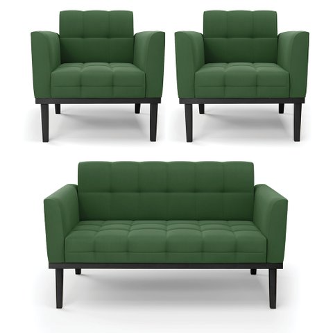 Conjunto 2 Poltronas e 1 Namoradeira Decorativa Karen Pés Fixo em Madeira Preto Suede Verde G19 - Gr