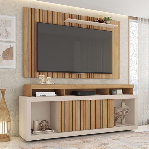 Conjunto Decorativo Rack e Bancada Brendan Mdf/mdp Ripado para Tv 55 Pol. Buriti/offwhite G11 - Gran