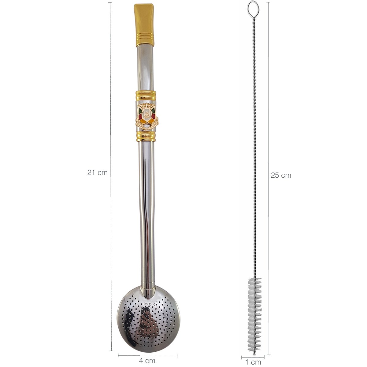 Bomba Chimarrão Rosca Aço Inox 304 Ouro 18k Pingente Desenho Brasao - 2