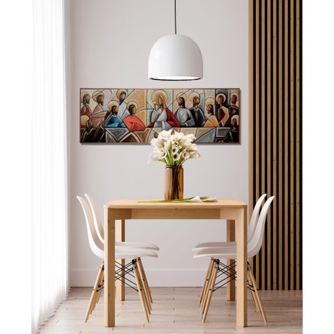 Quadro 150x50cm Santa Ceia Moldura Flutuante Madeira Clara