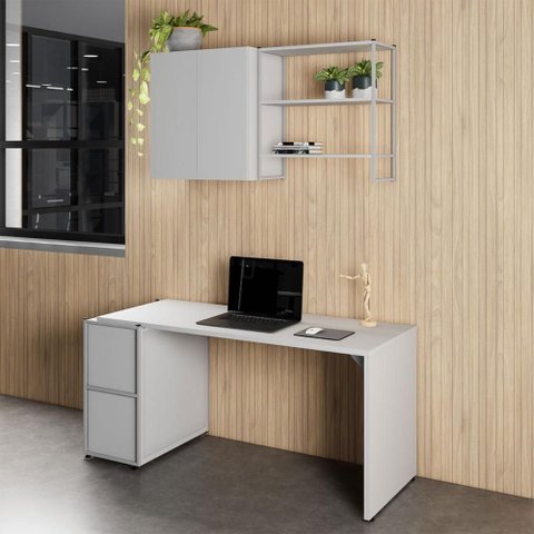 Escrivaninha 1,5m C/ Balcão Lateral Armário Aéreo e Nicho F5 Cor:cinza