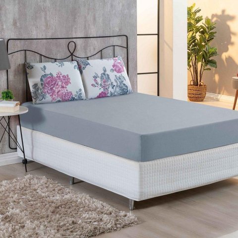 Jogo de Cama Malha Lençol 100% Algodão Primavera 3 Peças Casal - Floral Cinza