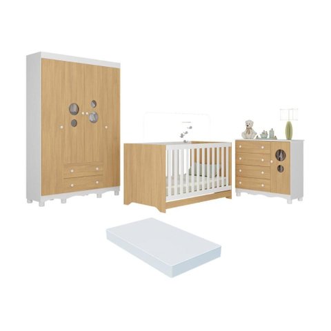 Quarto de Bebê Completo Berço Americano 3 em 1 Colchão Suspiro Multimóveis Mp4632 Branco/