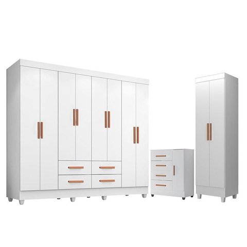 Guarda Roupa Casal Porto 8 Portas com Cômoda 4 Gavetas e 1 Porta e Armário Multiuso Lite Branco Bril
