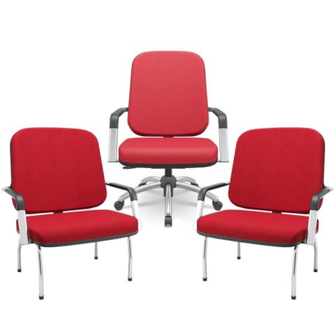 Kit Cadeira de Escritório Giratória e 2 Cadeiras Fixas Cromada Magno P03 Crepe Vermelho - Lyam
