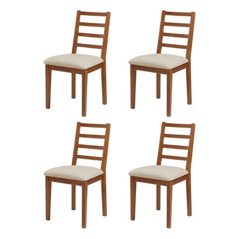 Kit 4 Cadeiras de Jantar em Madeira Maciça Aline Estofado Linho Creme - Mel