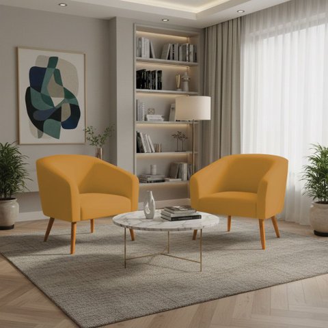 Poltrona Sala Decorativa Kit 2 Stella Pé Palito Castanho Veludo Mostarda D03 - D’Rossi