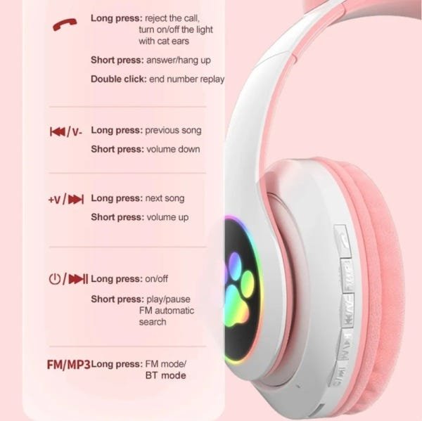 Headset Fone com LED Orelha de Gato Bluetooth Rose - 6