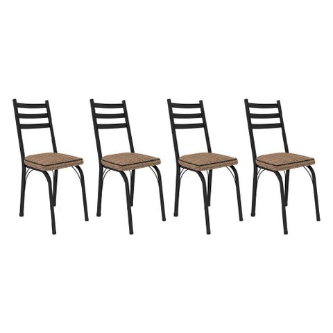 Kit 4 Cadeiras de Cozinha Luisiana Estampado Rattan Bege Pés de Ferro Preto