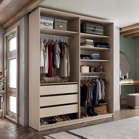 Closet Solteiro Guarda Roupa sem Porta 159cm 3 Gavetas Mdf Pisa R02 Bege - Lyam Decor