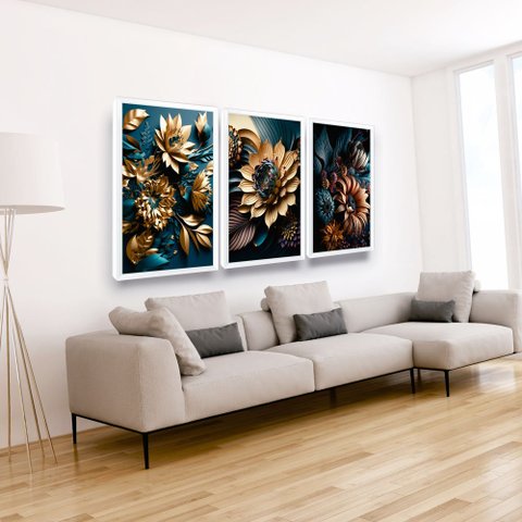 Quadro Decorativo Floral 3d Grande Sala Casal com Moldura