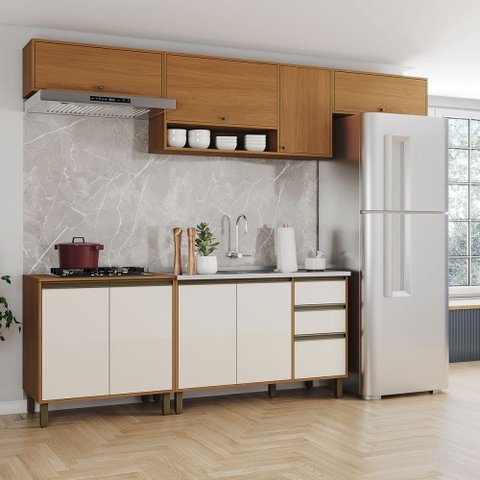 Cozinha Compacta Venaly 9 Portas 2 Gavetas 3 Prateleiras Cinamomo/Off White - Henn