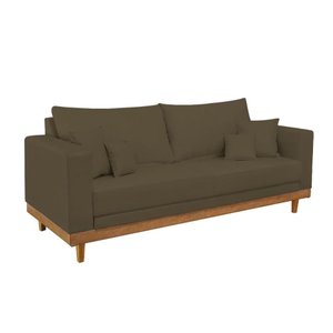 Sofá Living 3 Lugares Linho Resistente Madeira + Almofadas Cor:marrom