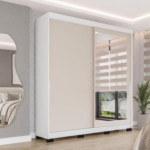 Roupeiro Porto 2 Portas de Correr com Espelho 177x213cm Branco/Creme 240849