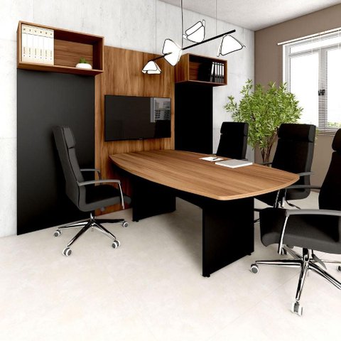 Mesa de Reunião Orgânica 180cm x 110cm com Pés Painel Escritório F5 Office Cor:Nogal com Preto