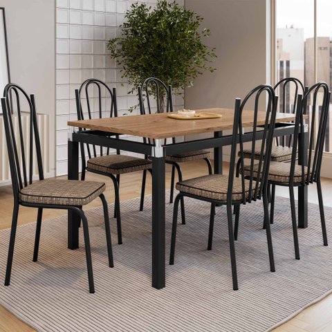 Conjunto Mesa de Jantar Tubular com 6 Cadeiras Malva Tampo Bp 136cm Nature 121 Sf Preto/rattan - Mov