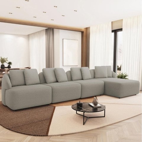 Sofá 5 Lugares com Chaise Direito Sala Living 388cm Arlo F04 Linho Bege Escuro - Lyam Decor