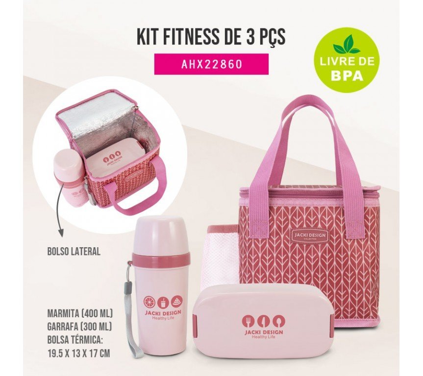 Kit Fitness 3 Peças: Bolsa Térmica + Marmita + Garrafa Jacki Design Rosa - 6