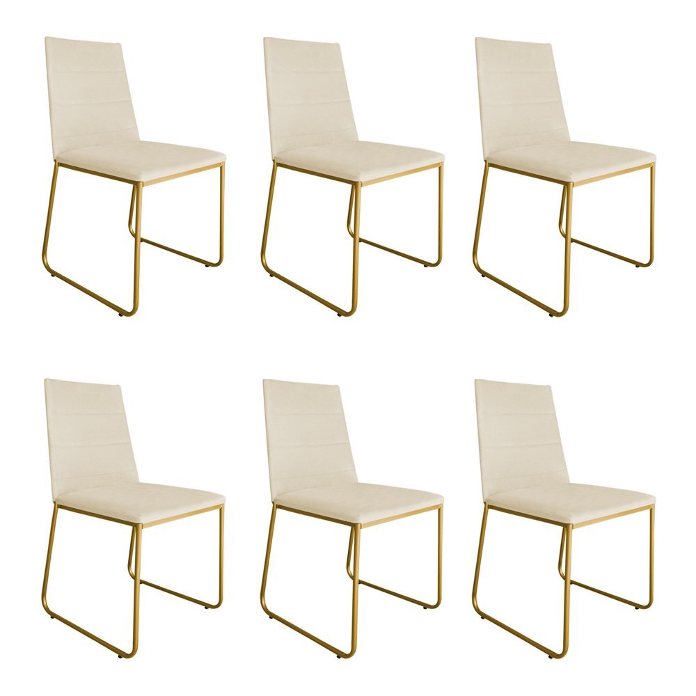 Kit 6 Cadeiras de Jantar Estofada Lille Base Gold Veludo Bege - Montanaris Decor