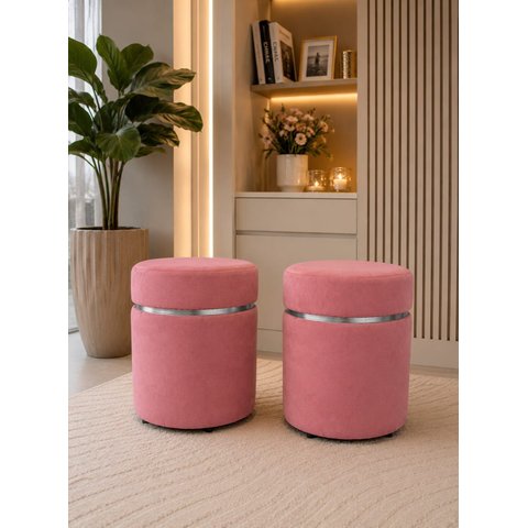 Kit de Puff com Cinta Superior Prata Rosa Antigo Veludo - Let Móveis