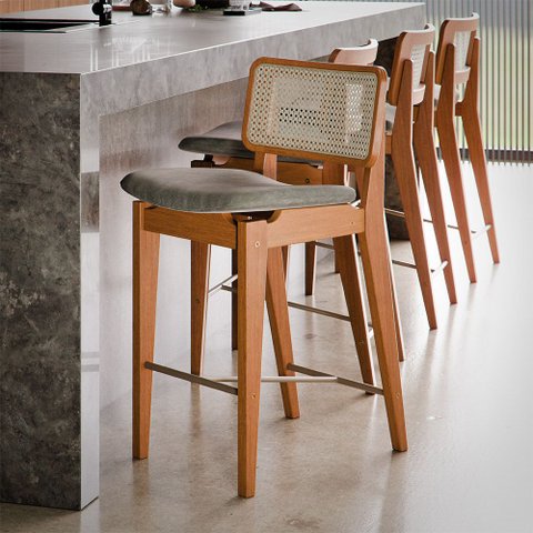 Banqueta Alta Area Gourmet Tela Palha Madeira Maciça Apoio de Pés Aço Champagne Onix Chenille Verde