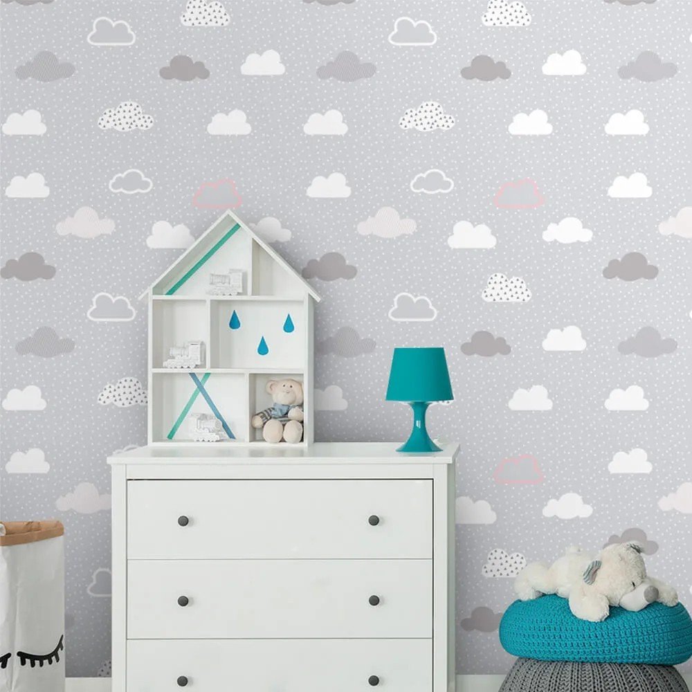 Papel de Parede Infantil - Nuvens Cinza Arte Destaque 1,50 Metros - 2