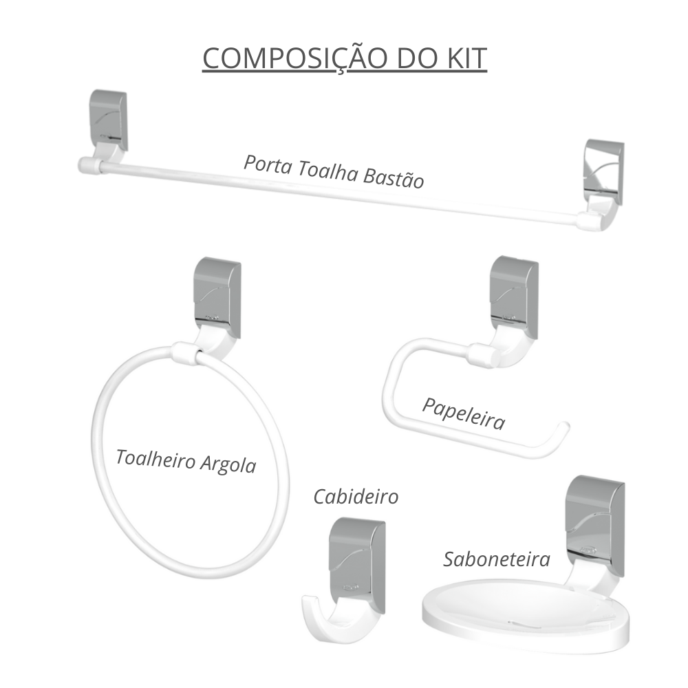 Kit Acessórios para Banheiro 5 Peças Linha Sofisticato Cor Branco e Cromado Durín - 4