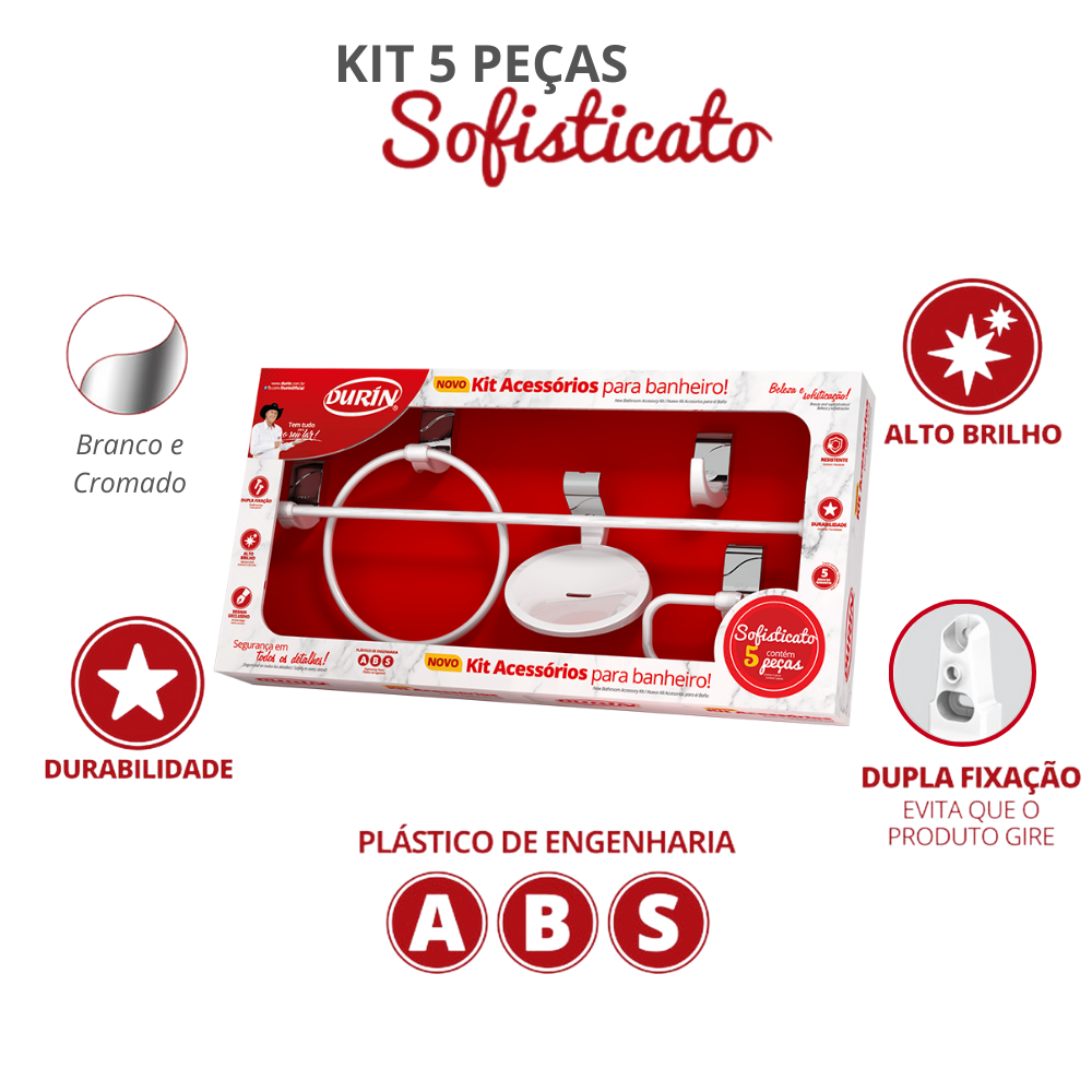 Kit Acessórios para Banheiro 5 Peças Linha Sofisticato Cor Branco e Cromado Durín - 3