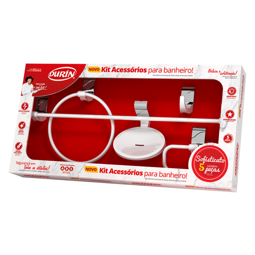 Kit Acessórios para Banheiro 5 Peças Linha Sofisticato Cor Branco e Cromado Durín - 2