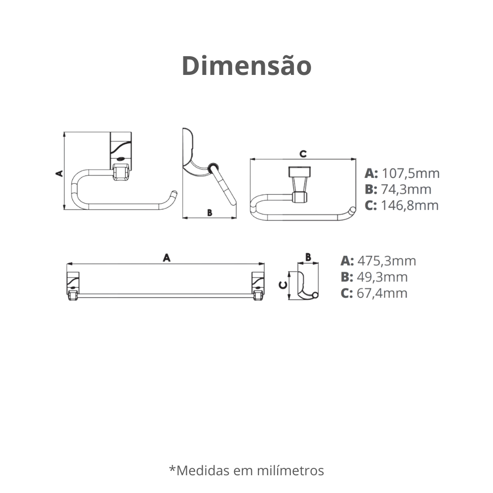 Kit Acessórios para Banheiro 5 Peças Linha Sofisticato Cor Branco e Cromado Durín - 5