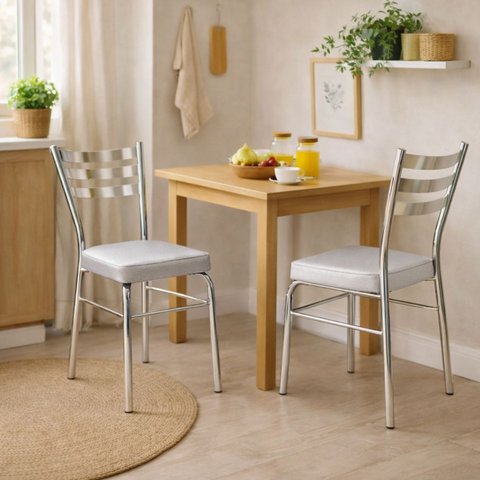 Cadeira de Cozinha Jantar com Reforço Cromada Assento Grosso Cinza Prata Confortável Kit 2 Peças