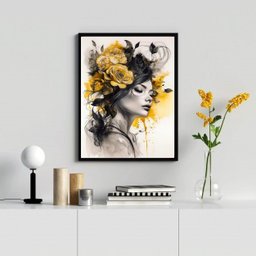 Quadro Decorativo Mulher Flores Amarela e Preto 33x24cm - com Vidro:madeira Branca - 2