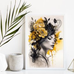 Quadro Decorativo Mulher Flores Amarela e Preto 33x24cm - com Vidro:madeira Branca - 1