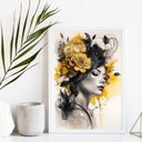 Ver imagem 1 de Quadro Decorativo Mulher Flores Amarela e Preto 33x24cm - com Vidro:madeira Branca
