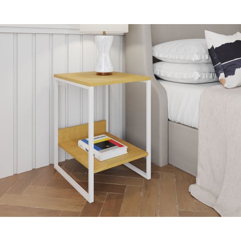 Mesa Cabeceira Industrial Tókio Base Ferro Branco Tampo Canela