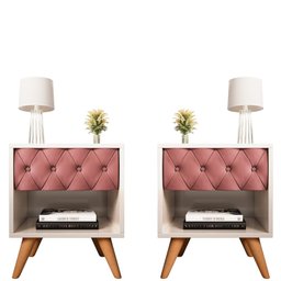 Conjunto 2 Mesa de Cabeceira Glamur Vitoria Decor Pé Madeira Gaveta Estofada Corredica Telescopica-j - 2