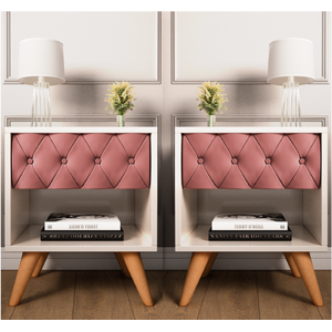 Conjunto 2 Mesa de Cabeceira Glamur Vitoria Decor Pé Madeira Gaveta Estofada Corredica Telescopica-j